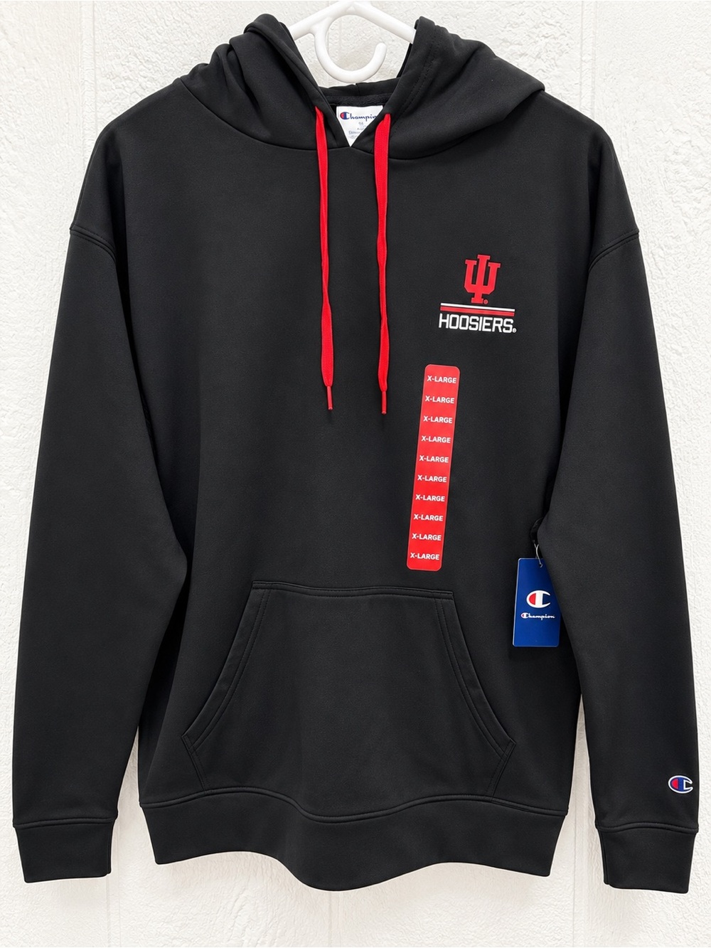 Champion Black Hoodie with Red Drawstrings and Hoosiers Logo